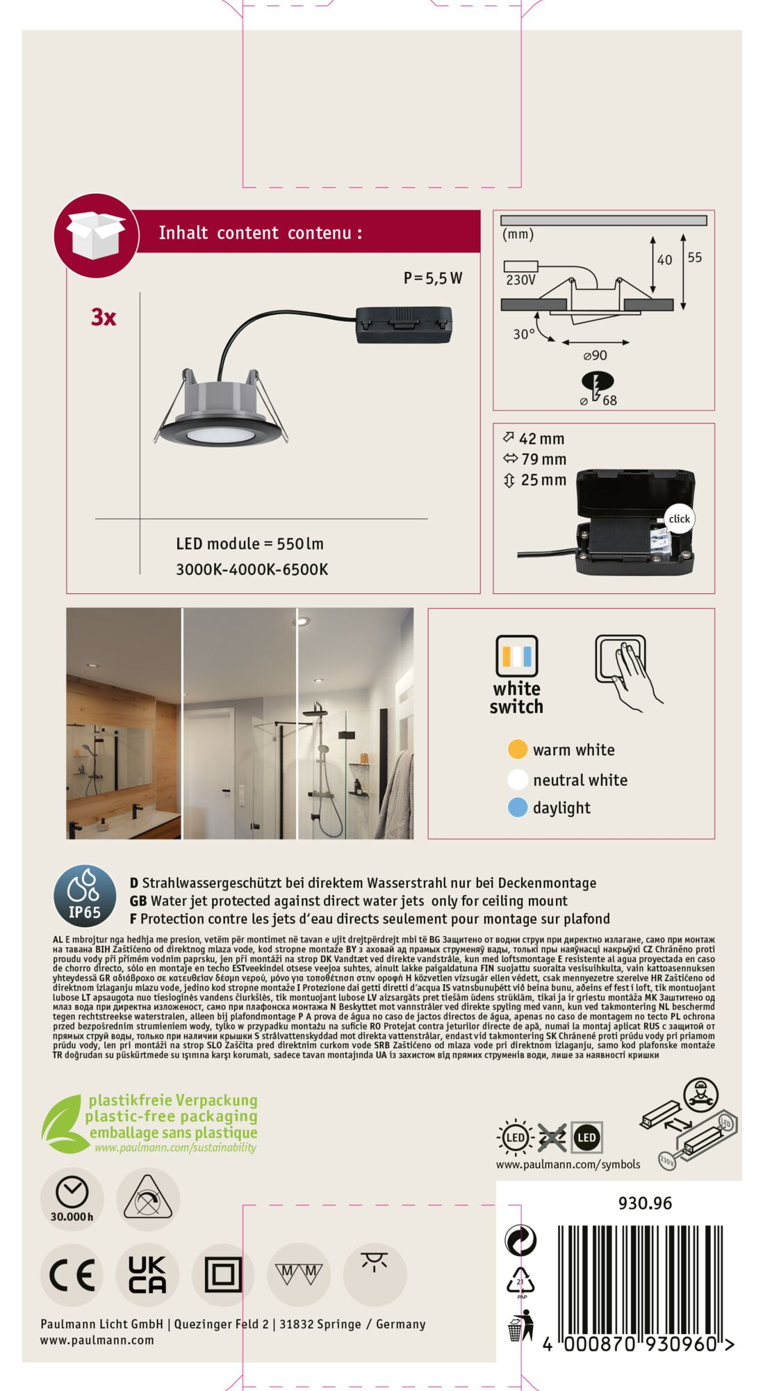 Opakowanie produktu z lampą sufitową, specyfikacjami i schematem.