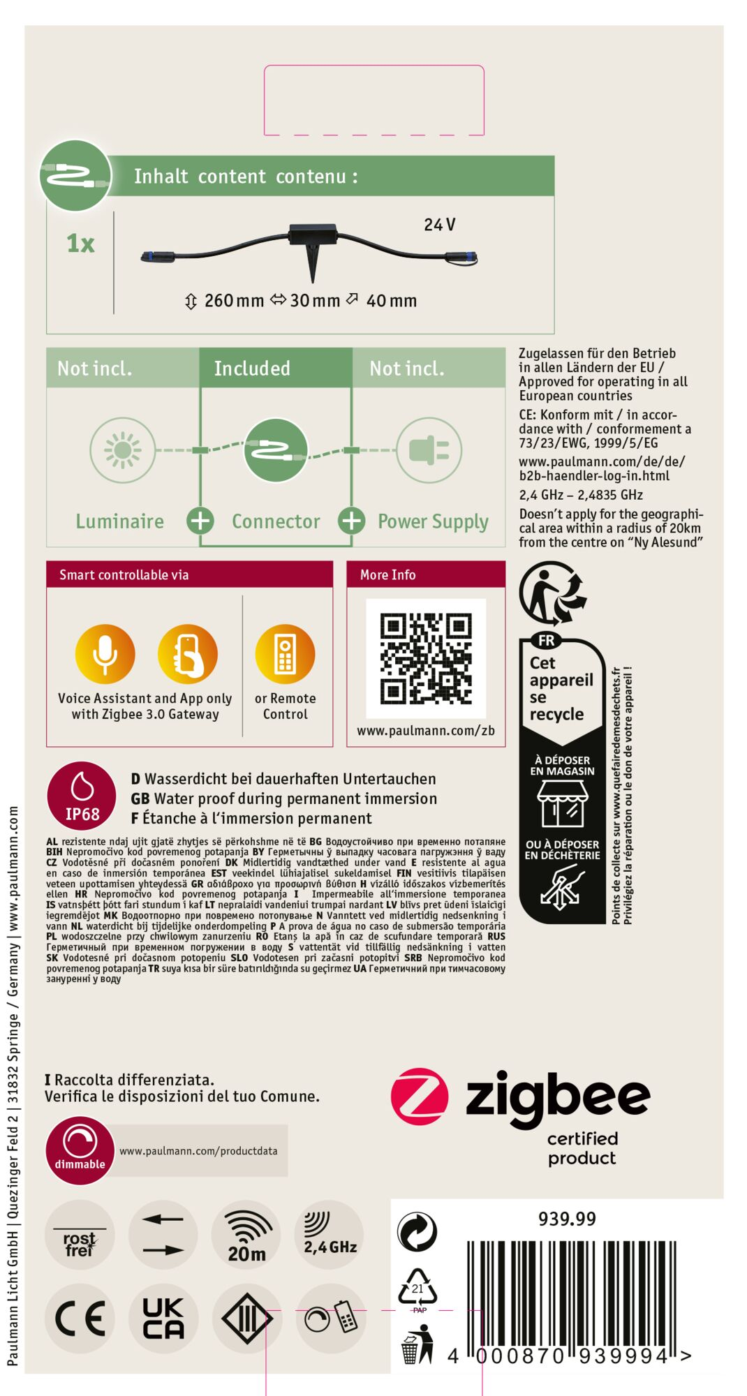 Pudełko produktu z tekstem, logo i diagramem oprawy oświetleniowej z wymiarami i szczegółami technicznymi.