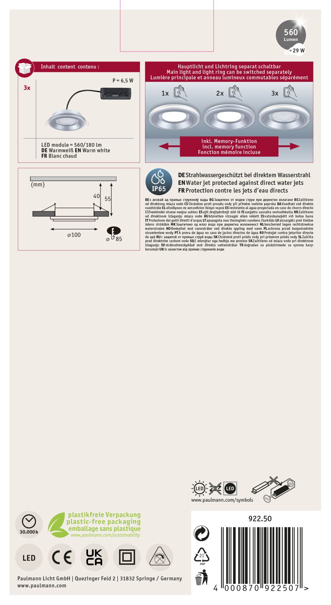 Produktbox mit Deckenleuchten-Diagramm, Spezifikationen und Text in mehreren Sprachen.