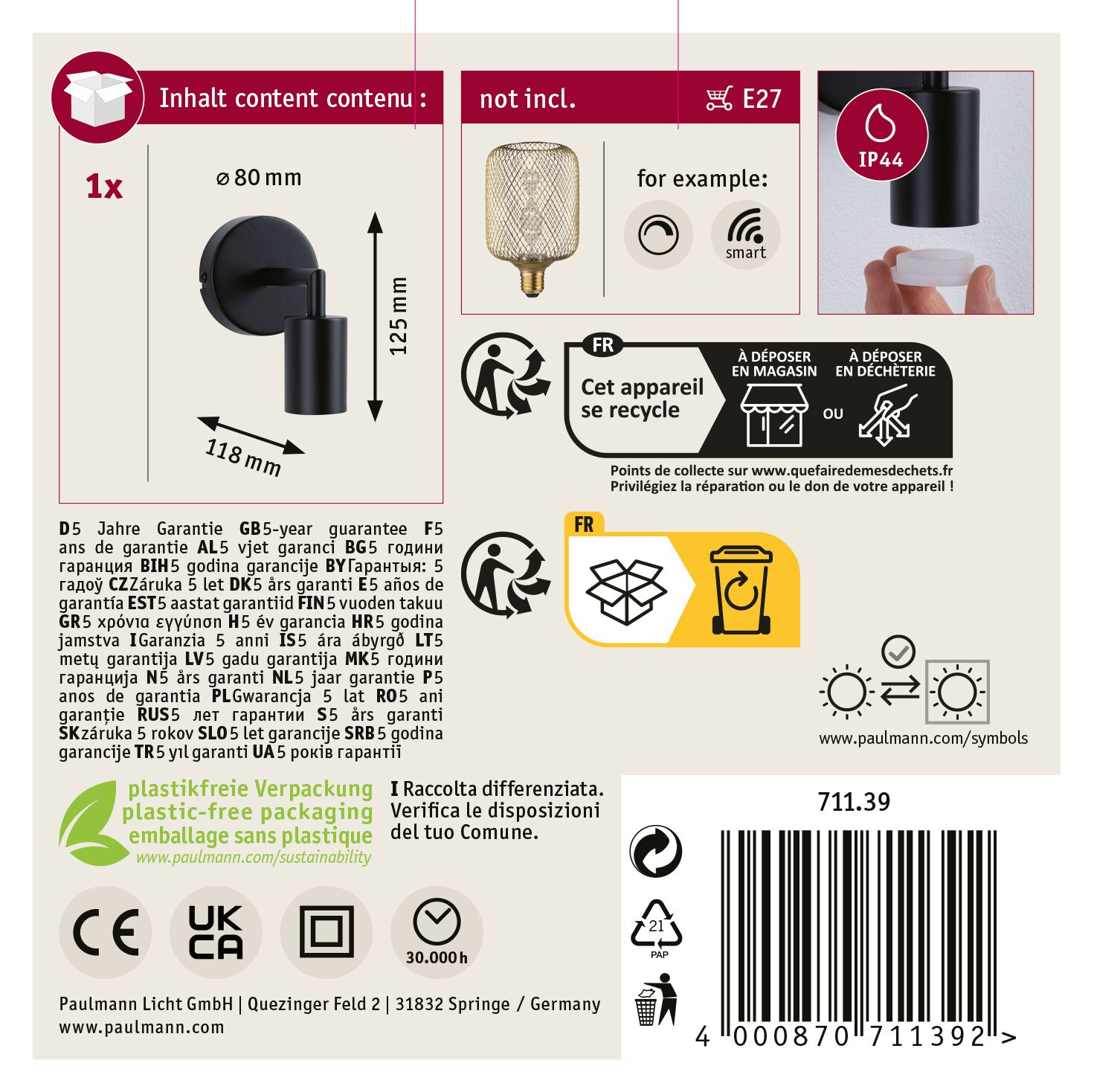 Produktbox mit schwarzer Wandleuchte, Abmessungen und Recyclingsymbolen. Text in mehreren Sprachen.