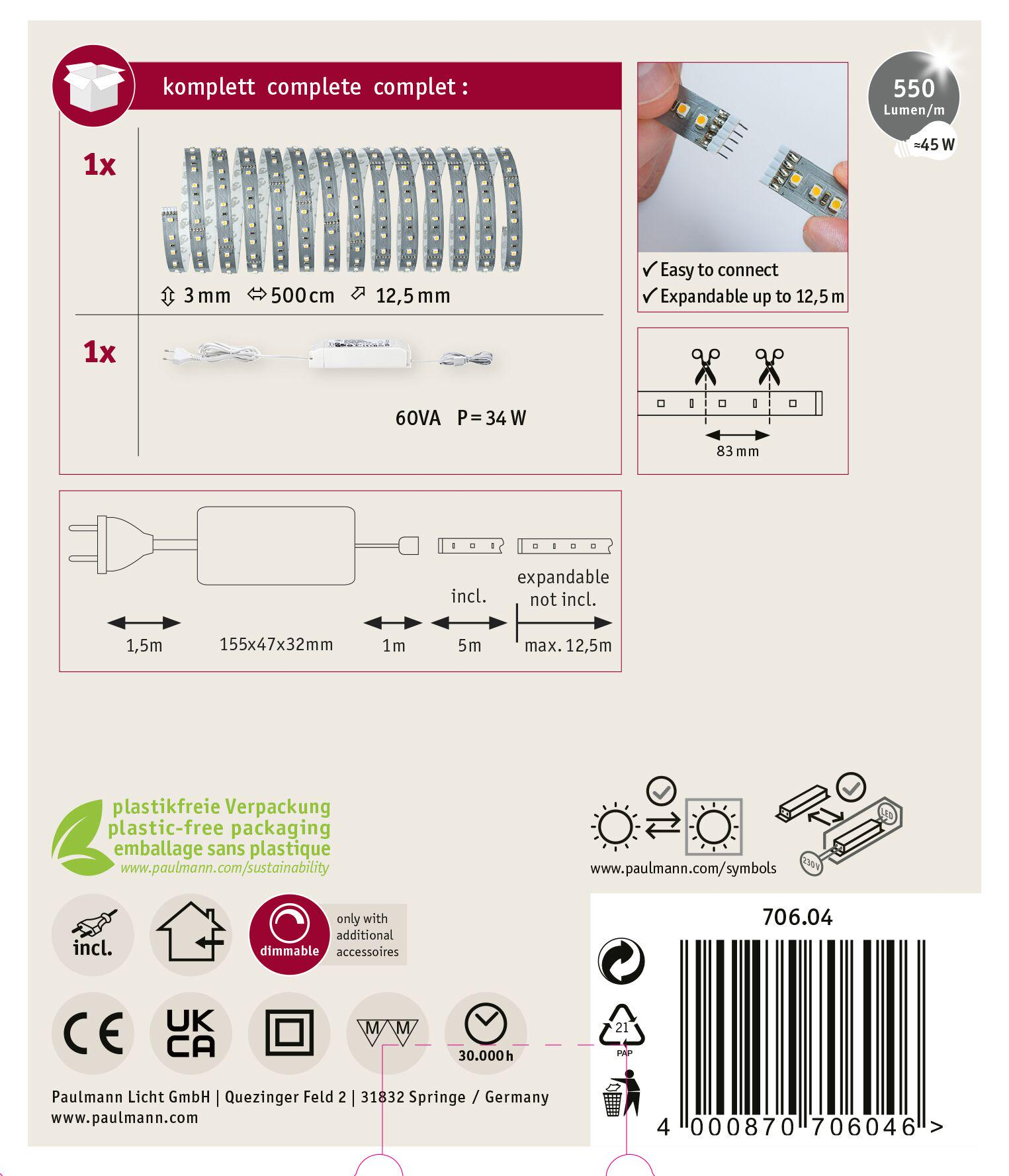 Obraz przedstawia paski LED, złącza i elementy zasilacza, wraz ze szczegółami wymiarowymi i specyfikacjami technicznymi.