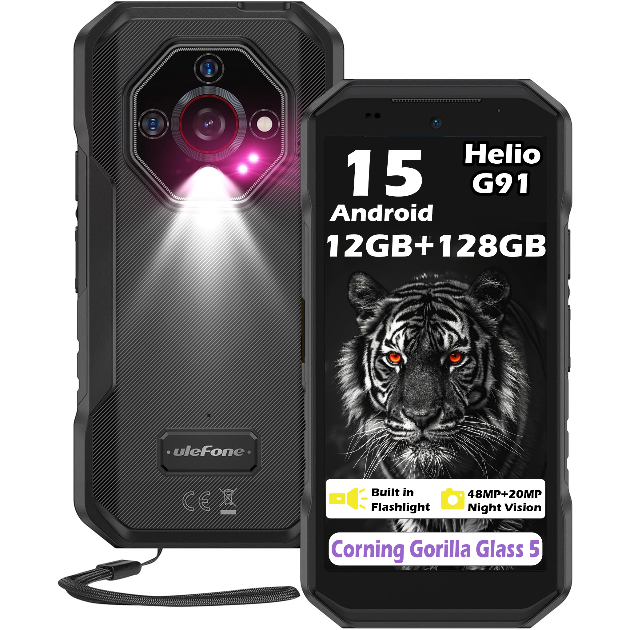 Schwarzes Smartphone mit Taschenlampe, Tigergesicht auf dem Bildschirm. Spezifikationen: 12GB+128GB, Helio G91, Android, Gorilla Glass 5, 48MP+20MP.