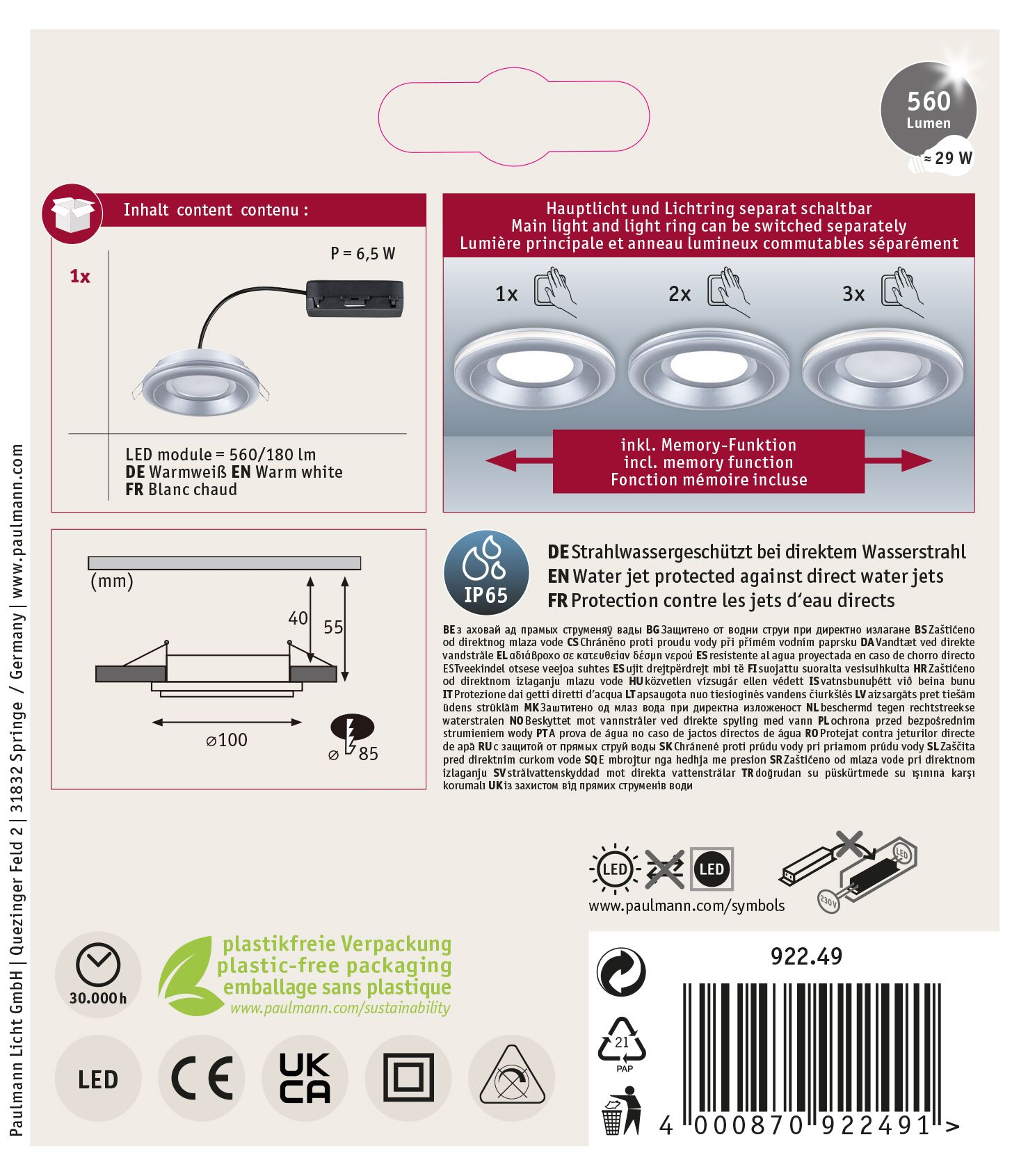Białe opakowanie produktu ze schematem oświetlenia sufitowego, tekstem i szczegółami technicznymi. Zawiera ocenę IP65.