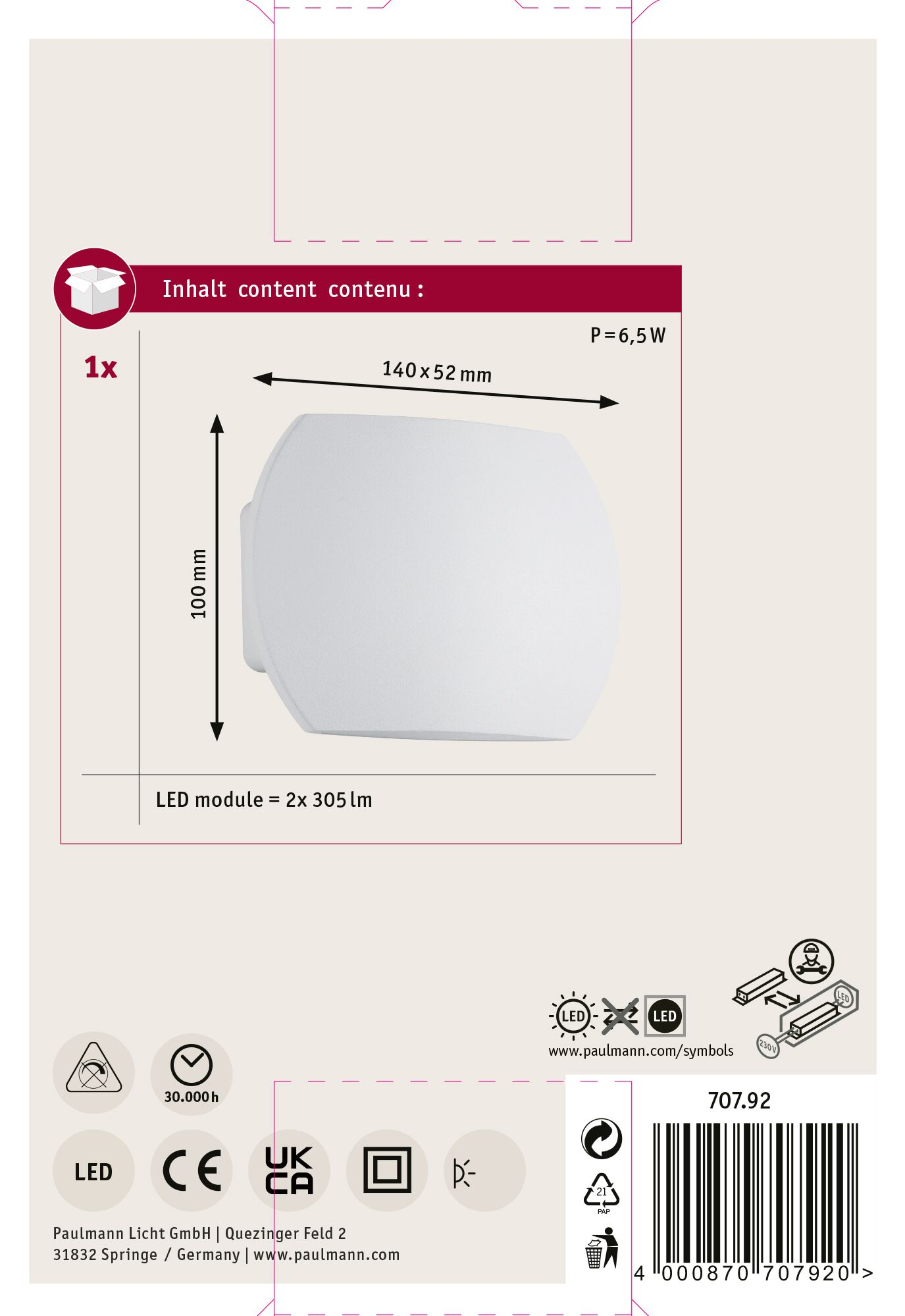 Produktverpackung mit weißem LED-Licht. Enthält Abmessungen, Leistungsdetails sowie verschiedene Symbole und Zertifizierungen.