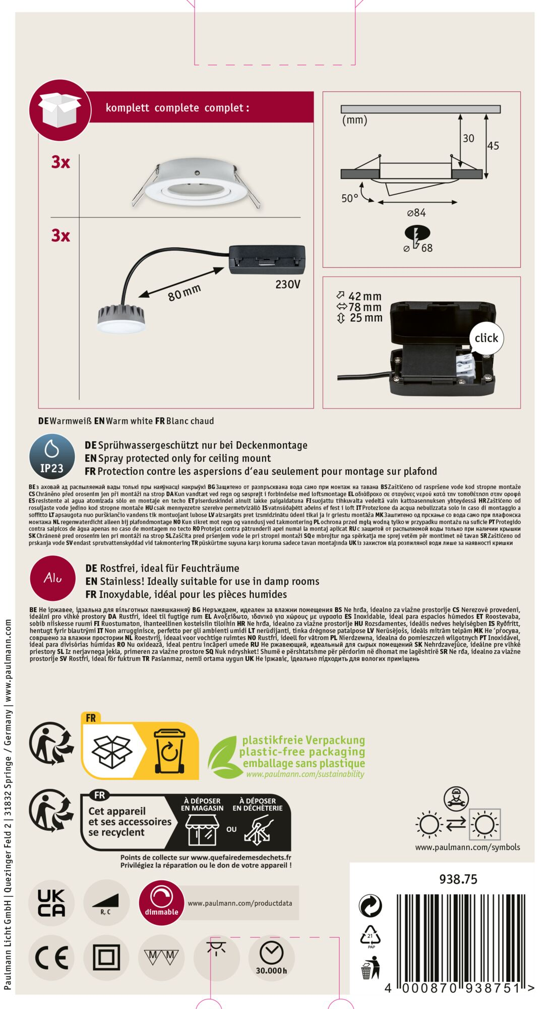 Opakowanie przedstawia światła, schematy i tekst. Zawiera symbole recyklingu, informacje o produkcie i kod kreskowy.