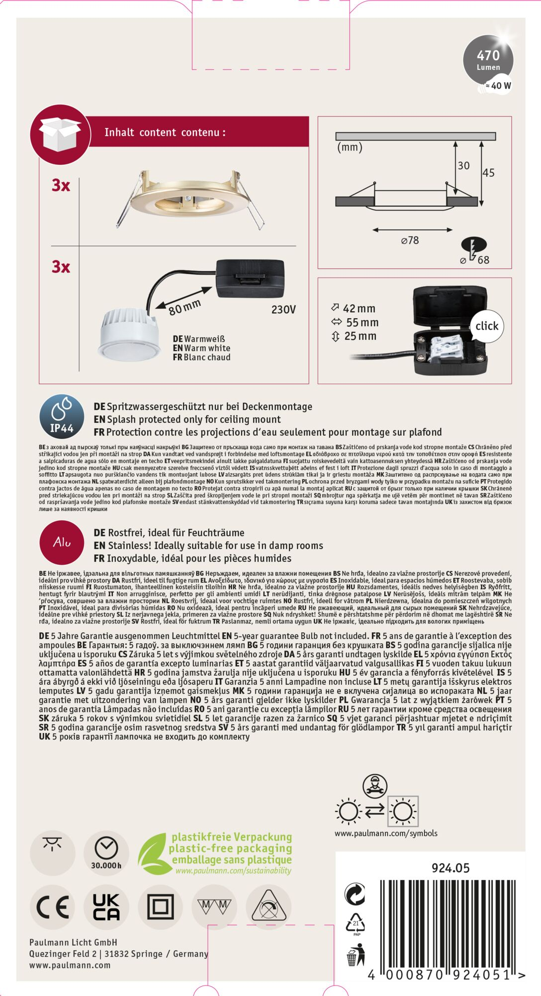 Produktverpackung mit Einbaustrahlern, technischen Details und Spezifikationen.