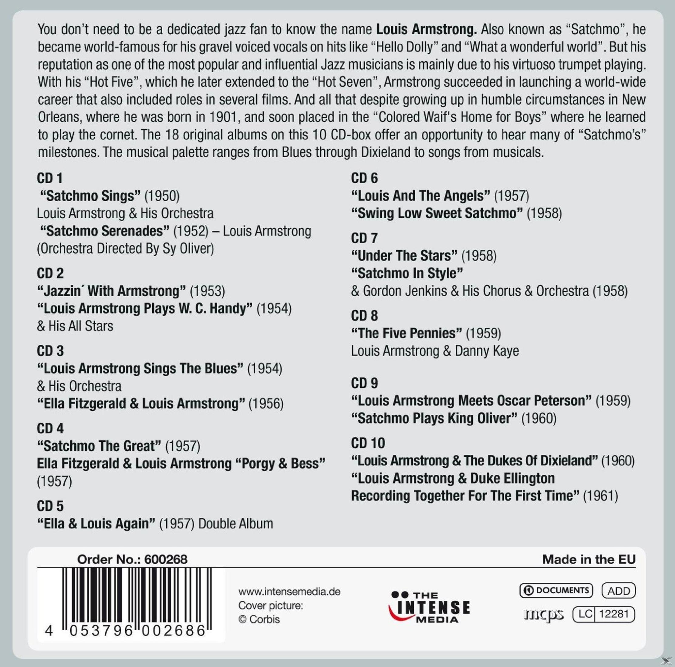 Tekst met de albums van Louis Armstrong, waaronder 'Satchmo Sings' en 'Louis and the Angels', met een barcode.