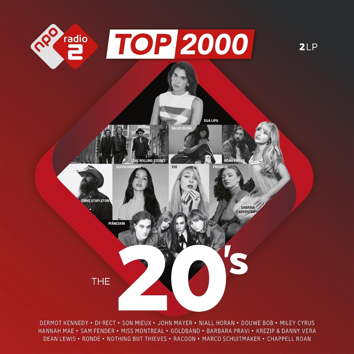 Poster voor Radio 2 Top 2000. Met artiesten als Dua Lipa, The Rolling Stones en meer. '20's' staat groot in het midden.
