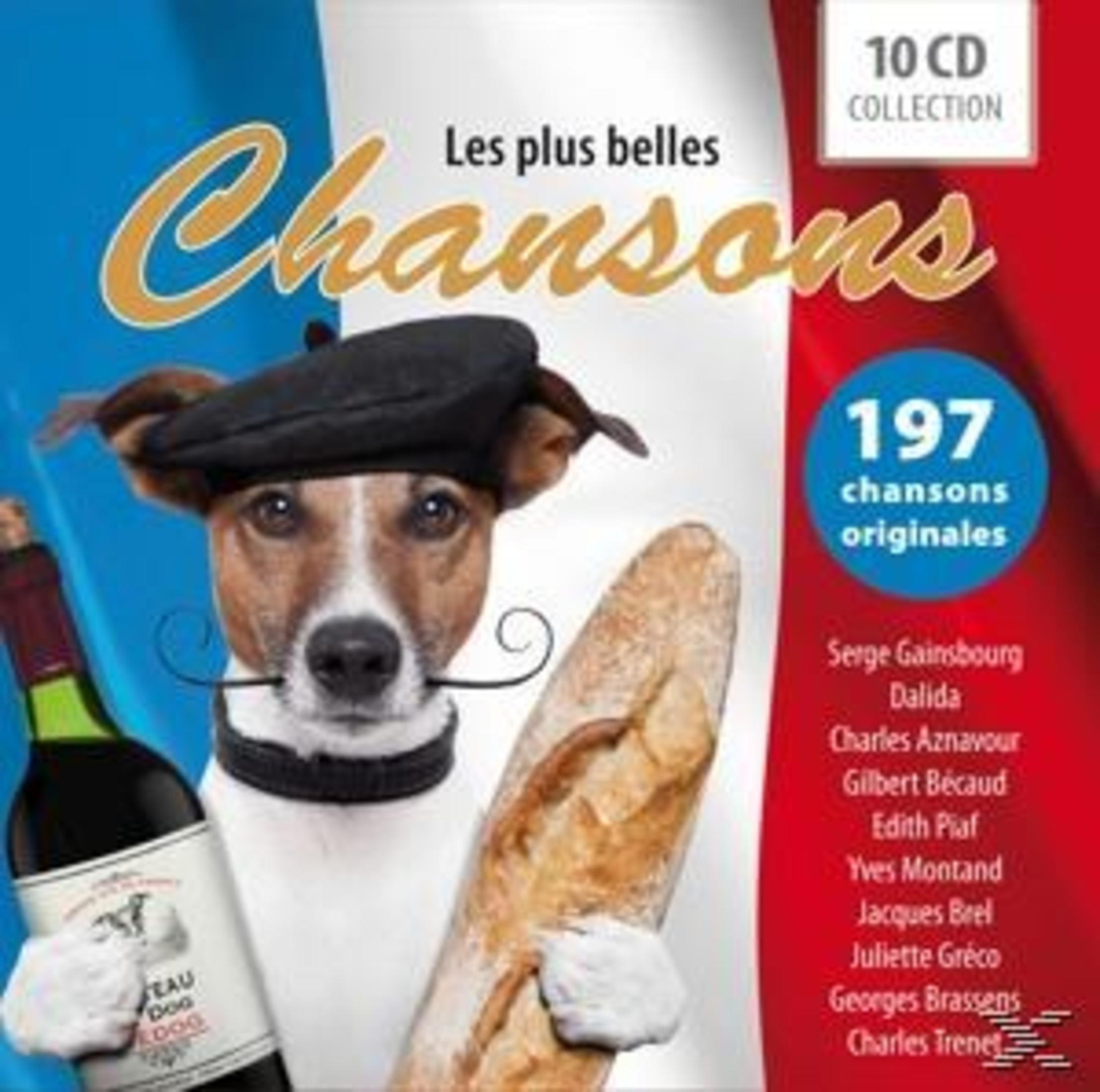 Een hond met baret en snor, met een stokbrood en een fles wijn, met een Franse vlag op de achtergrond.