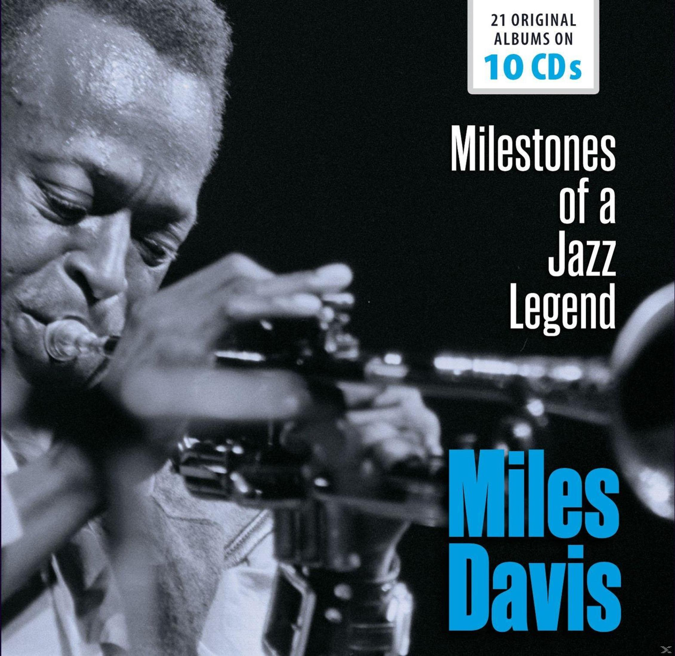 Albumhoes: Miles Davis speelt trompet, titel 'Milestones of a Jazz Legend'. 21 albums op 10 cd's.
