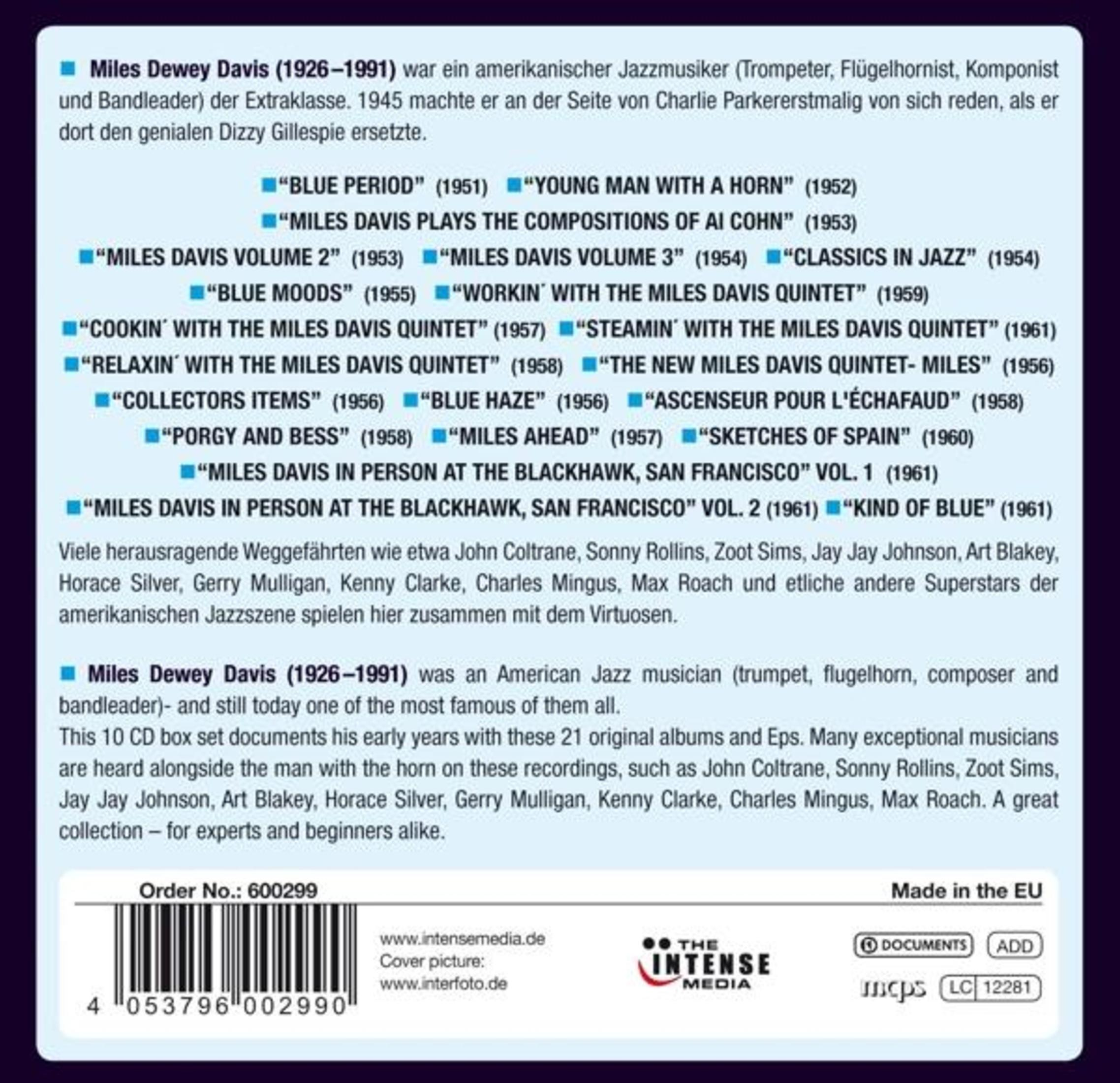 CD-boxsetcover met albumtitels van Miles Davis en namen van muzikanten.