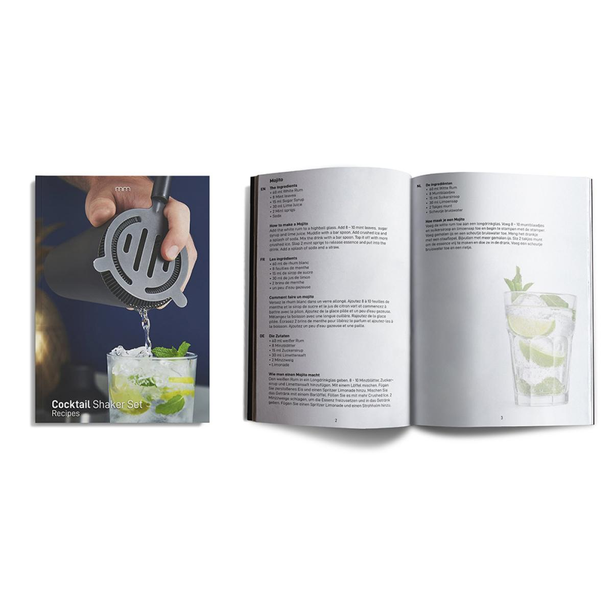 A cocktail shaker set with a recipe book and a Mojito illustration. Ingredients and instructions are detailed.