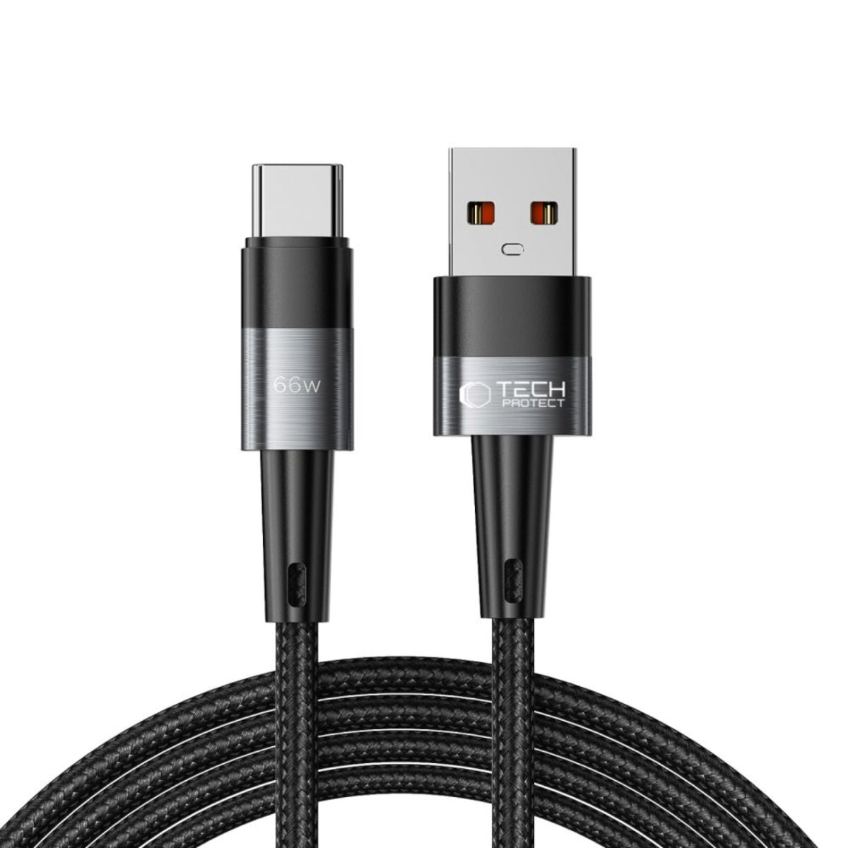 Un câble de chargement noir USB-C vers USB-A. Le câble a un design tressé. L'extrémité USB-C porte l'inscription '66W'.