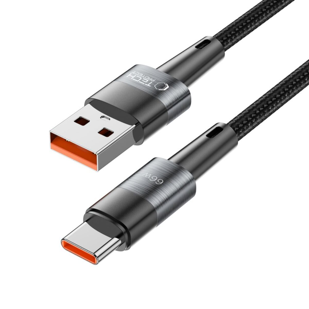 Un câble de charge USB-C vers USB-A. Les connecteurs sont argentés et noirs. Le câble est noir et tressé.