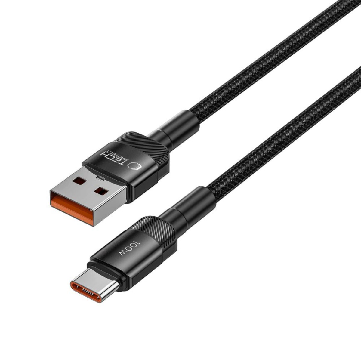 Een zwarte USB-C naar USB-A oplaadkabel. Het USB-A uiteinde is zilver en oranje, het USB-C uiteinde is zwart. De kabel is gevlochten.