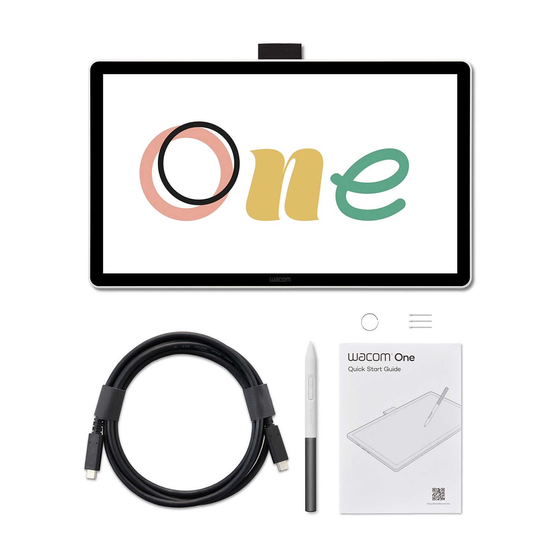Tablet Wacom One con accessori: cavo, stilo e guida. Il tablet mostra 'One'. Sfondo bianco.