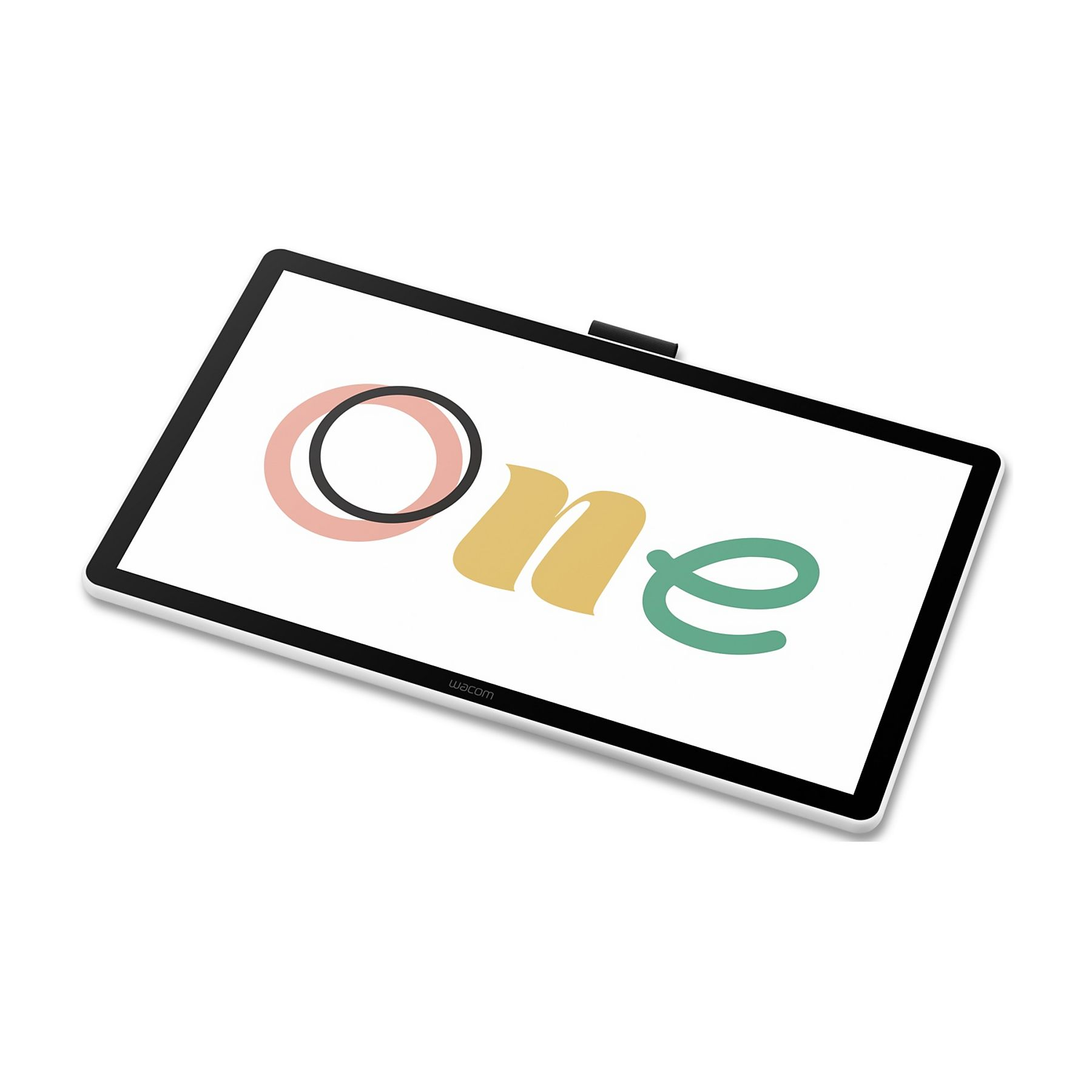 Un tablet mostra la parola 'One' a colori. Il tablet ha bordi neri e sfondo bianco. Il marchio 'wacom' è in basso.