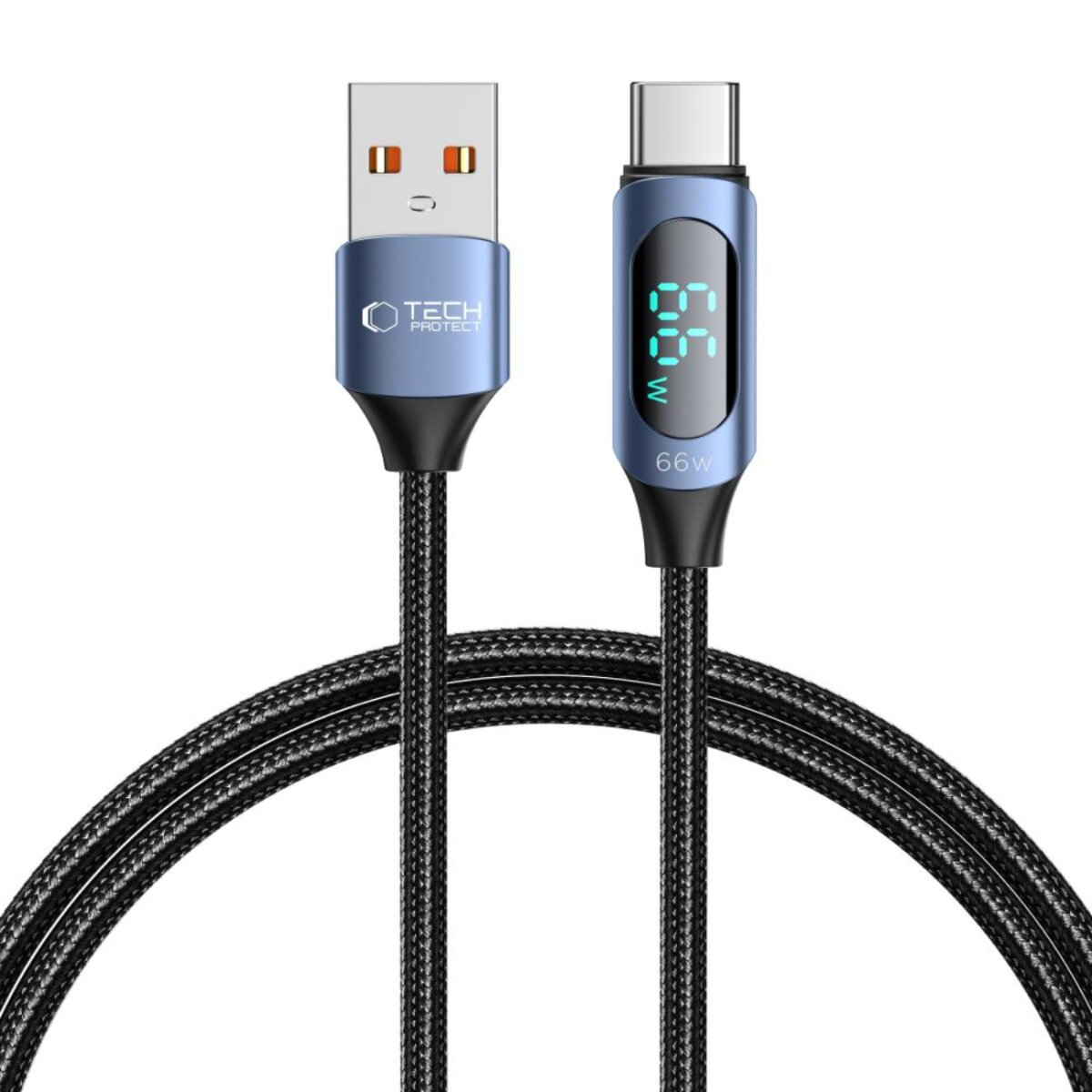Een blauwzwarte USB-C oplaadkabel met een digitaal display met '66W'. De kabel heeft USB-A en USB-C connectoren.