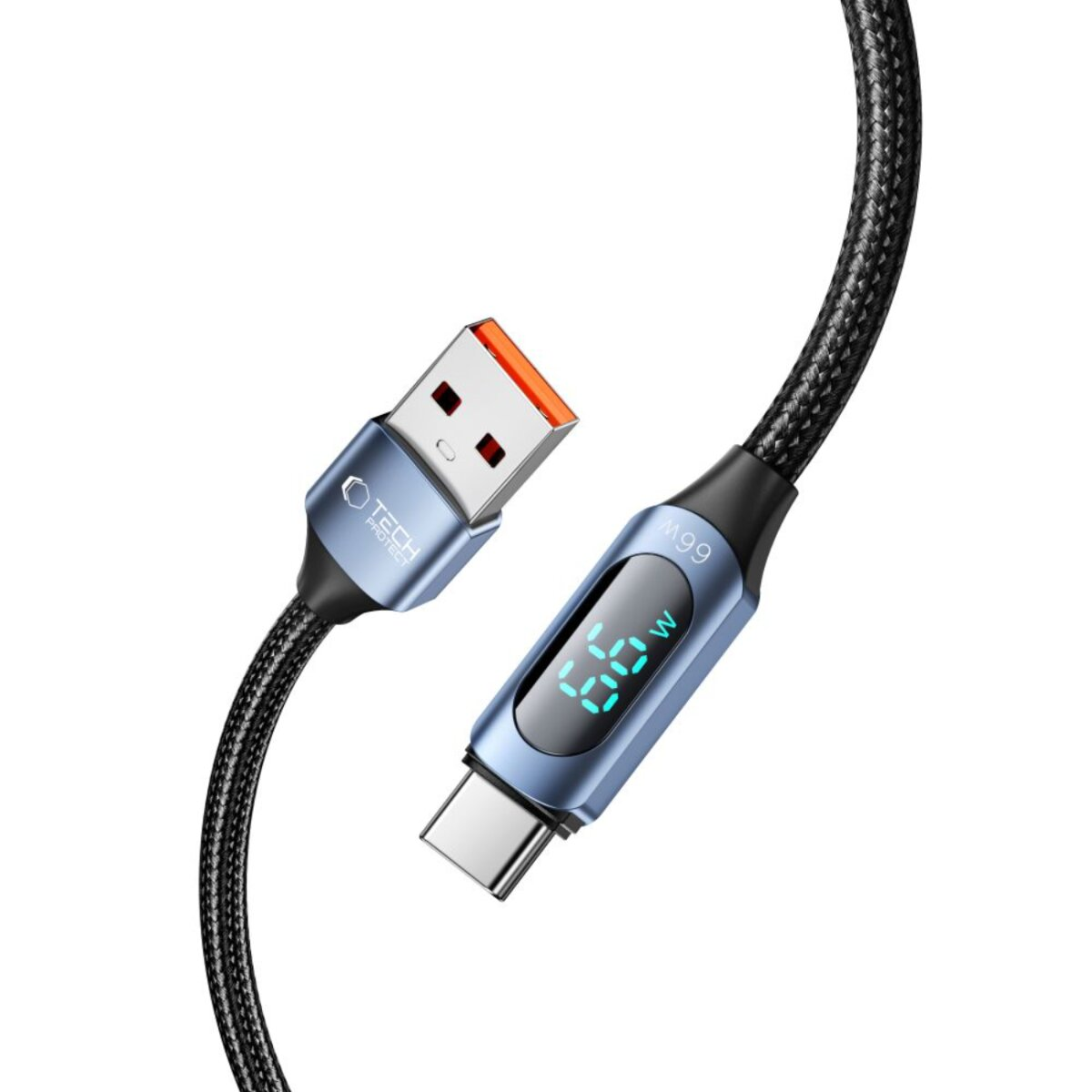 Een USB-oplaadkabel met een digitaal display dat 66W weergeeft. De kabel is zwart en blauw met USB- en Type-C-connectoren.