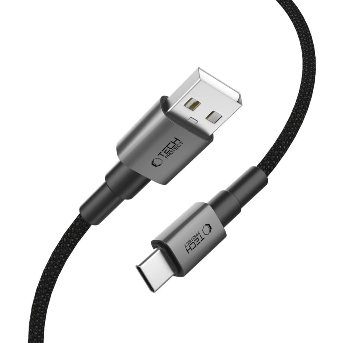 Ein USB-Ladekabel mit USB- und USB-C-Anschlüssen. Das Kabel ist schwarz und grau, das 'Tech Protect'-Logo ist sichtbar.