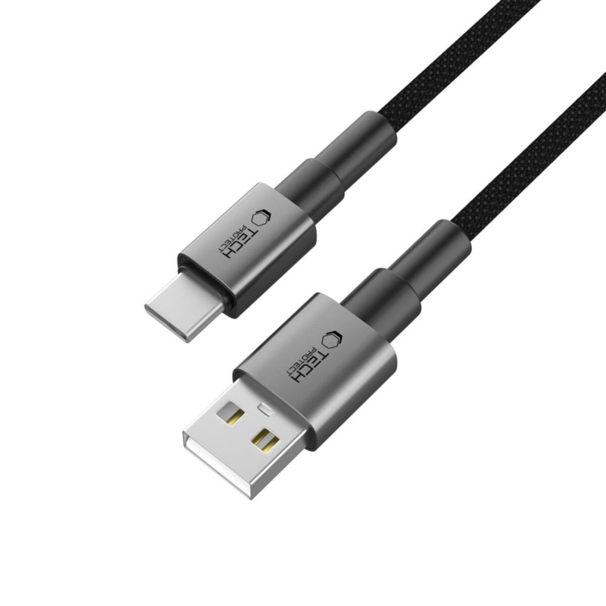 Ein USB-C-auf-USB-A-Ladekabel. Es hat zwei graue Stecker mit dem Logo 'Tech Protect' und ein schwarzes geflochtenes Kabel.