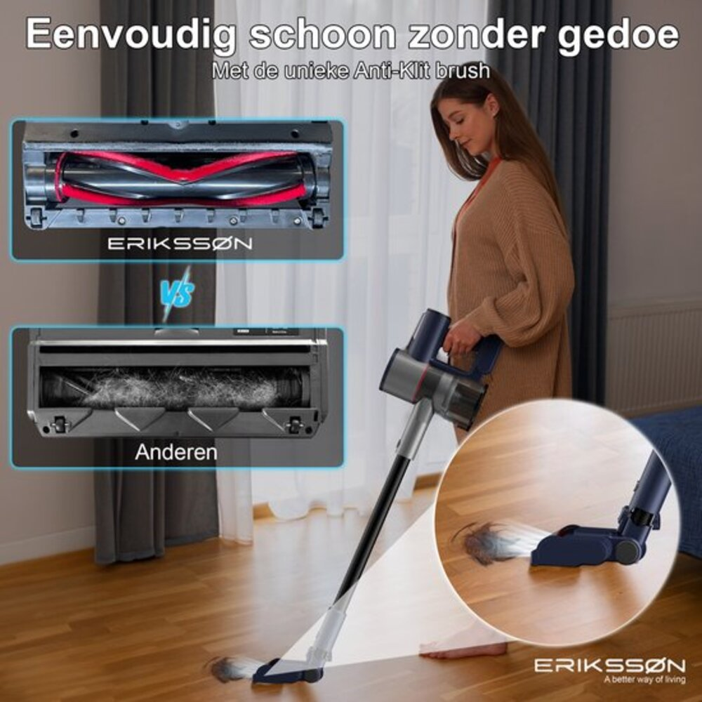 A woman vacuums a wooden floor. The image shows a comparison of vacuum brush heads with text in Dutch. The brand is ERIKSSØN.