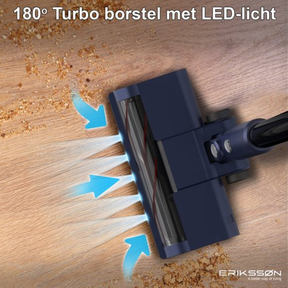 A dark blue vacuum cleaner head cleans a wooden floor. Arrows show airflow. Text reads: 180° Turbo borstel met LED-licht.