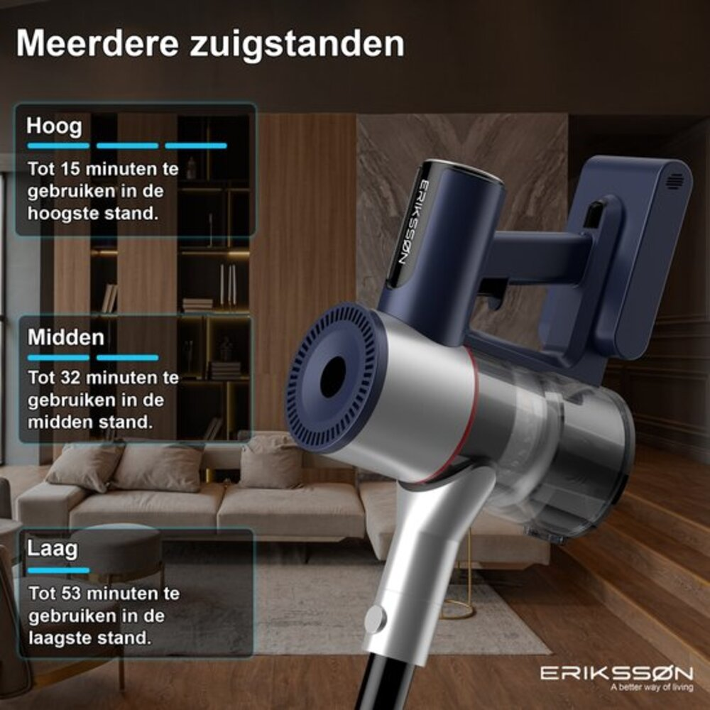 A cordless vacuum cleaner is displayed, with different power settings and run times. The background shows a living room setting.