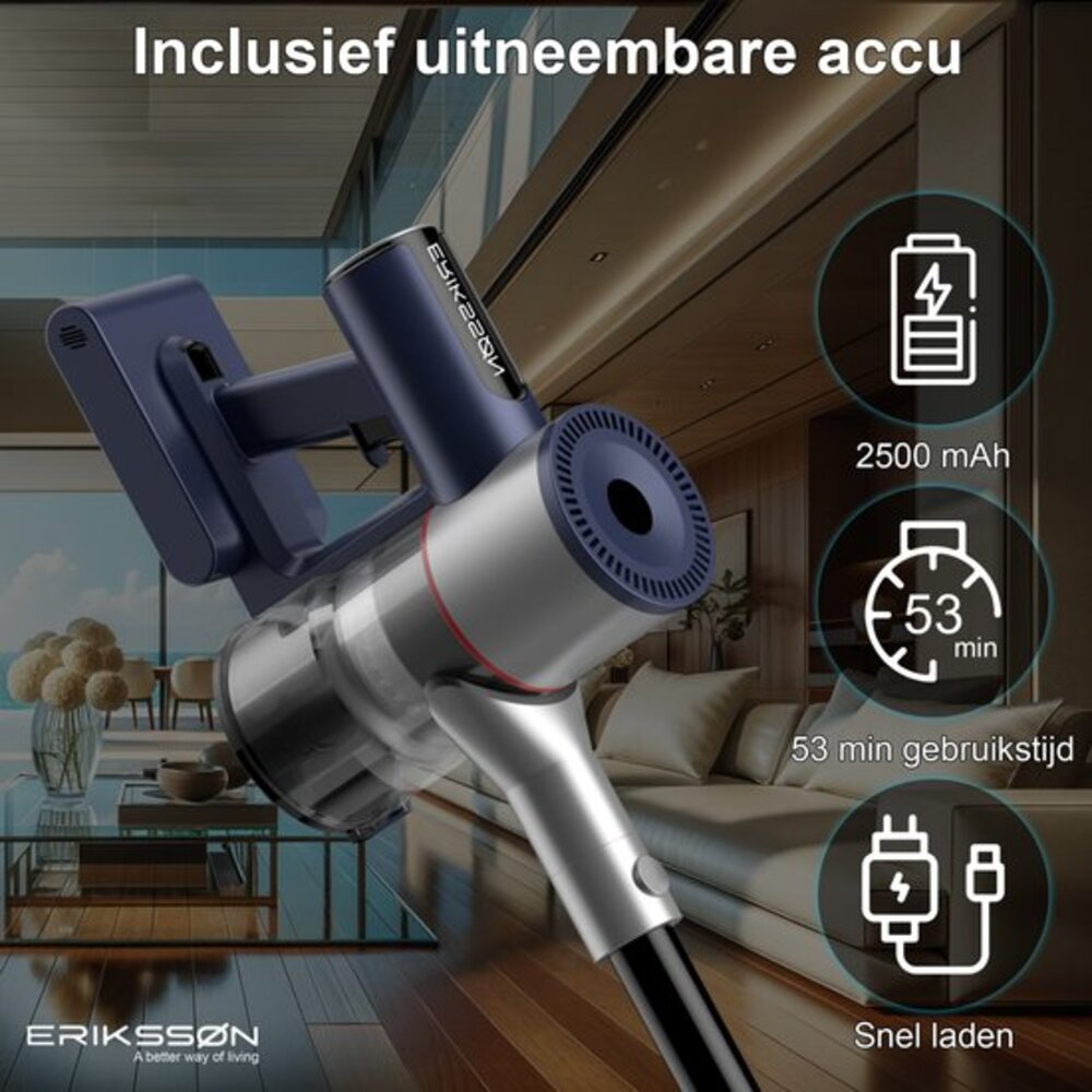 A cordless vacuum cleaner with a blue and silver design. It shows battery info: 2500 mAh, 53 min use, and fast charging. The background is a living room.