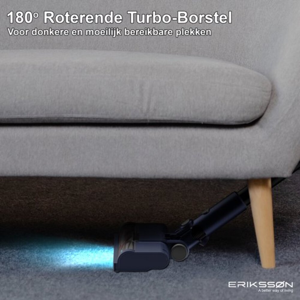 A vacuum cleaner under a gray sofa is cleaning. The cleaner has a blue light, and the text says it is for hard to reach spots.