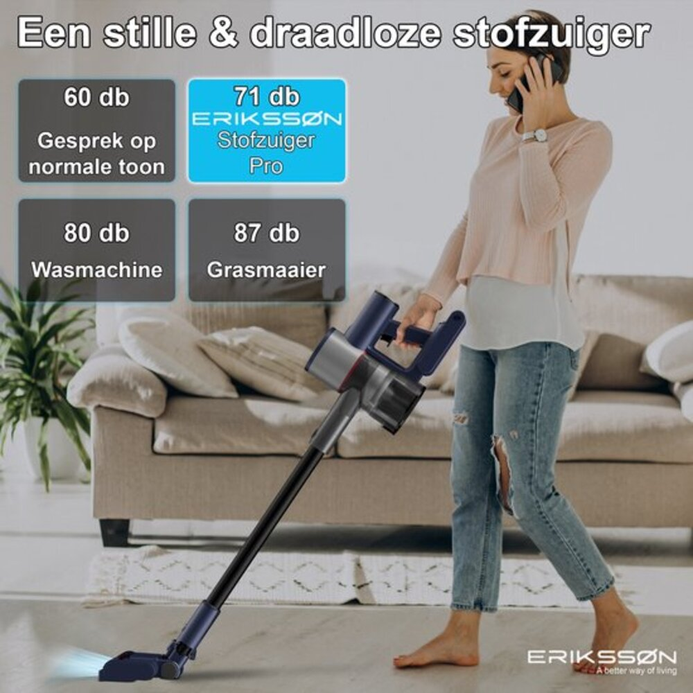 A woman using a cordless vacuum cleaner. Charts show decibel levels. Background includes a sofa, plant, and a phone call.