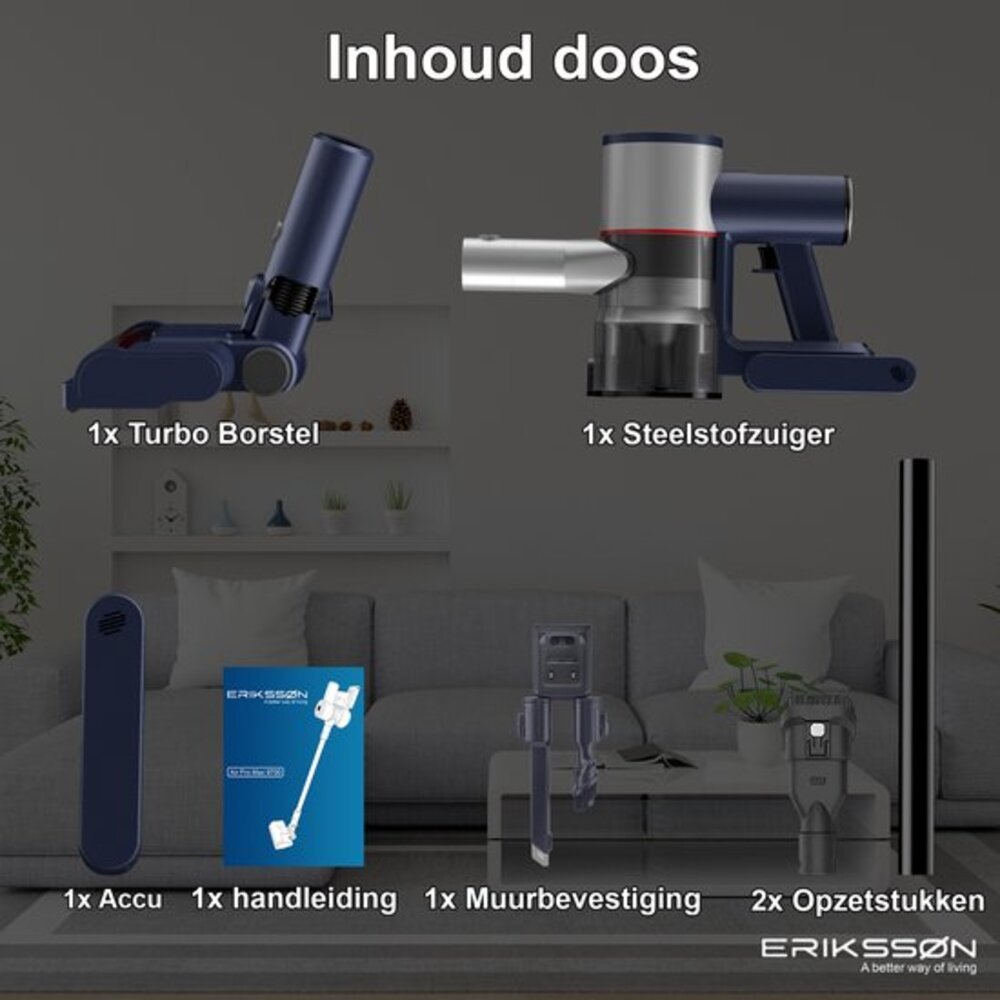 Image shows the contents of a box: a vacuum cleaner with parts, including a turbo brush, battery, and wall mount.