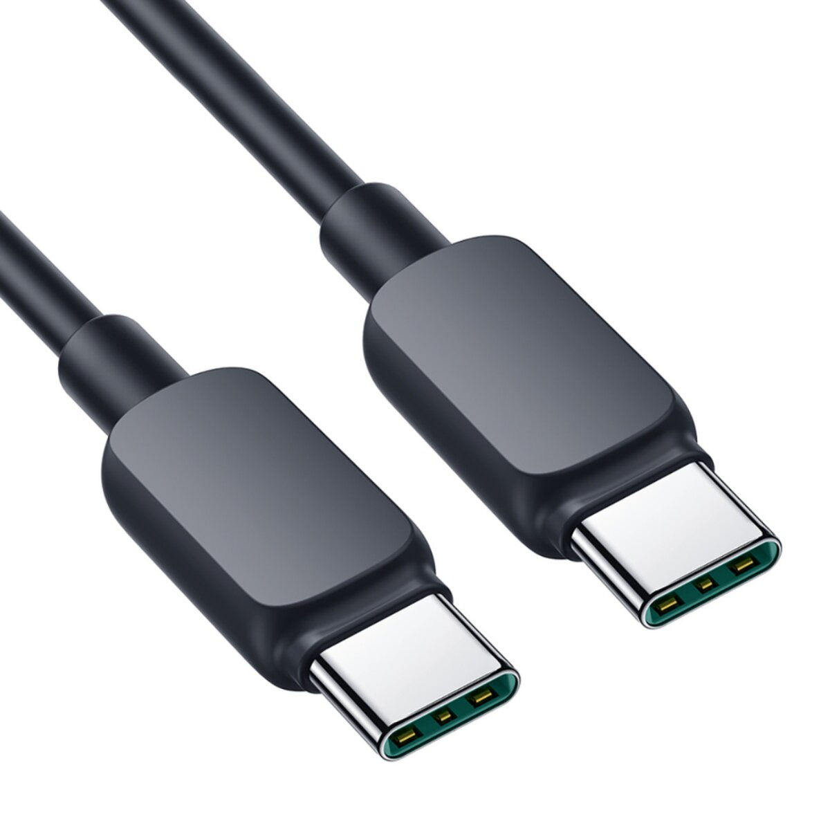 Deux câbles USB-C noirs, orientés vers la droite. Les connecteurs ont un boîtier argenté avec des détails verts. Fond blanc.