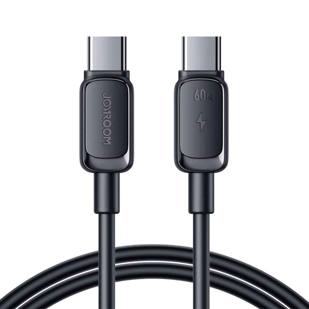 Deux câbles USB-C noirs, connecteurs en haut, un avec 'JOYROOM'. L'autre affiche '60W' et un symbole d'éclair. Fond blanc.