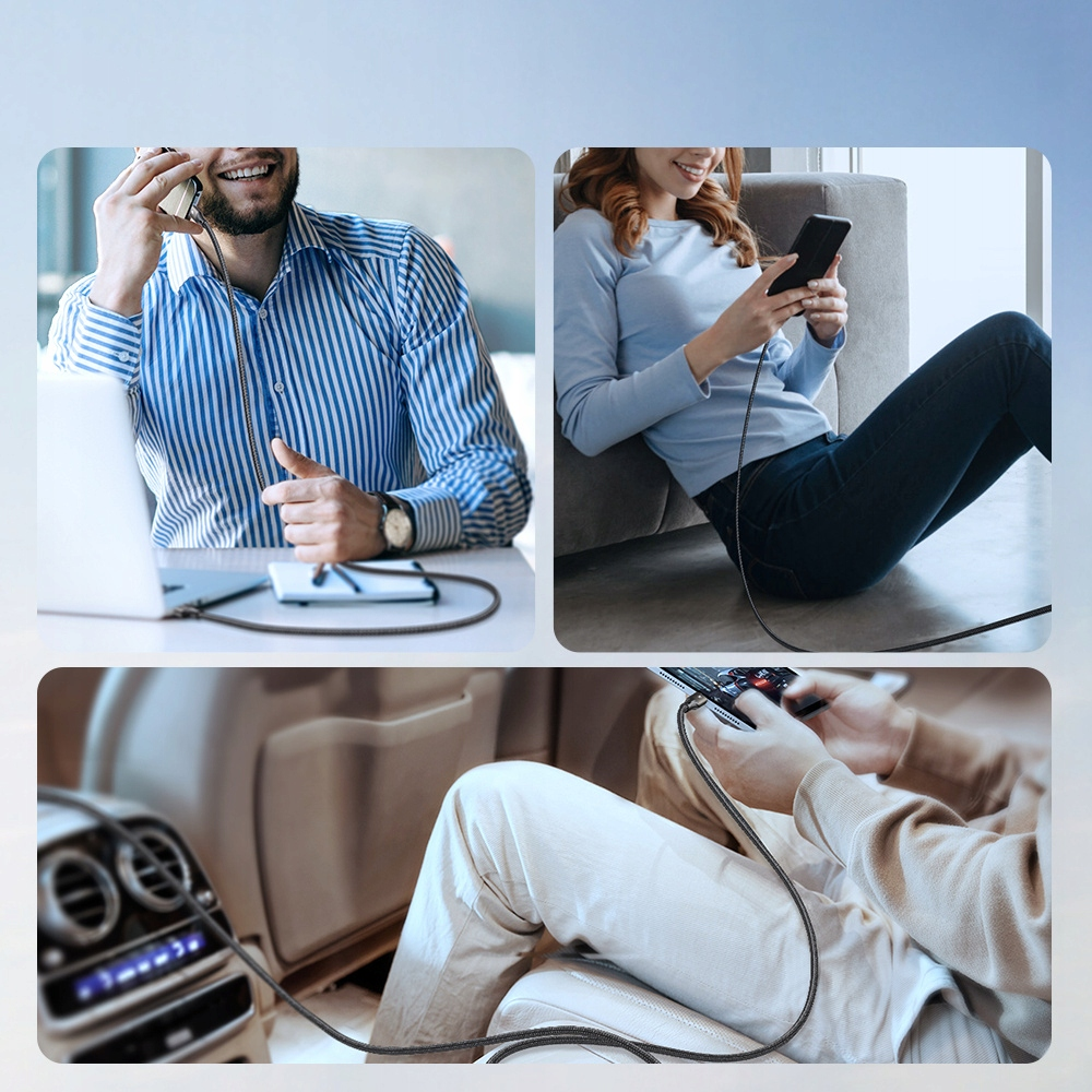 Three images with people using devices. One on a call, one on a phone, and one using a tablet in a car. All connected via cables.
