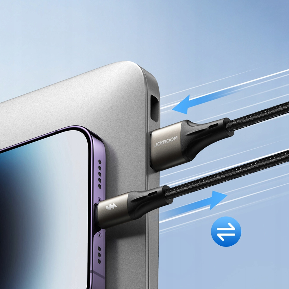 Phone charging. Cables connect phone and laptop. Arrows and data transfer icon appear. The scene is set against a blue backdrop.