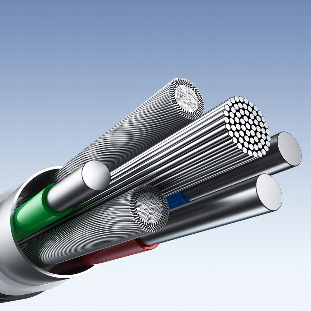 Close-up of a cut cable, revealing internal wires. Wires are silver, green, blue, and red, against a gradient blue background.
