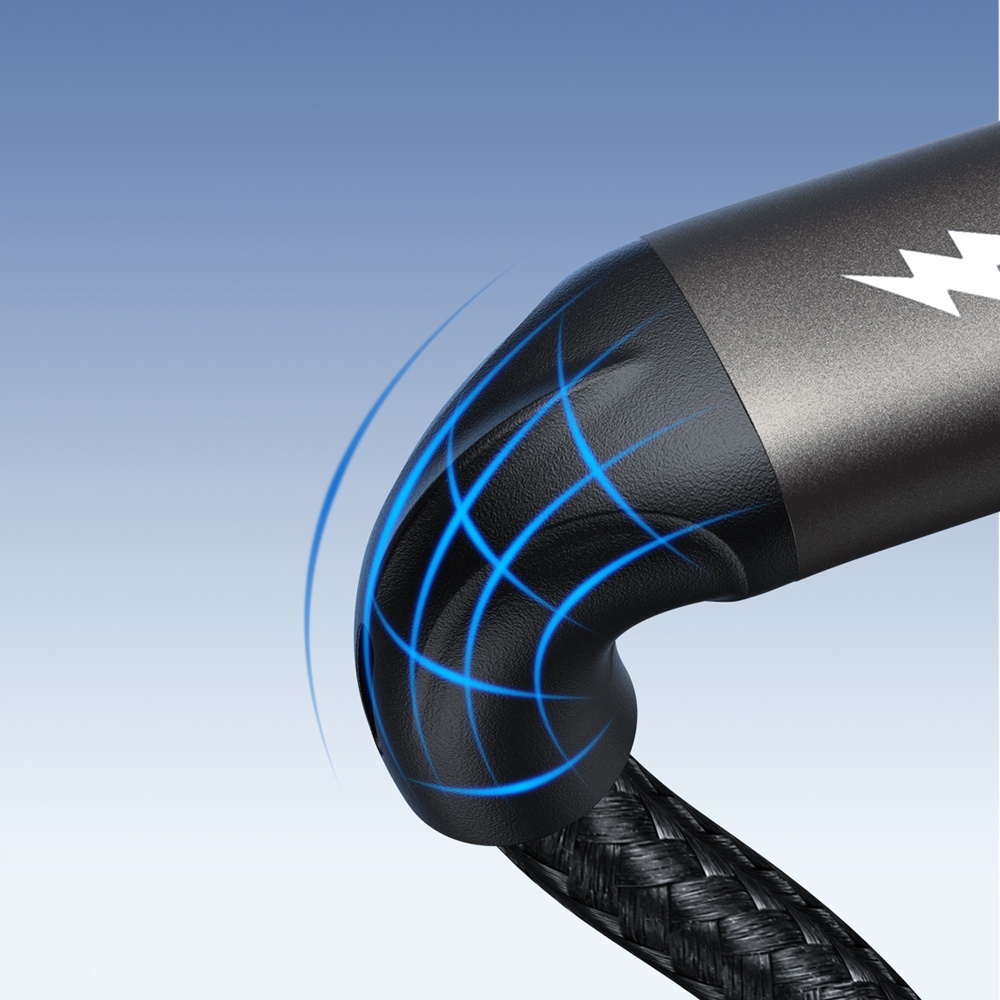 Close-up of a black and gray charging cable with blue energy lines. A lightning bolt logo is visible.