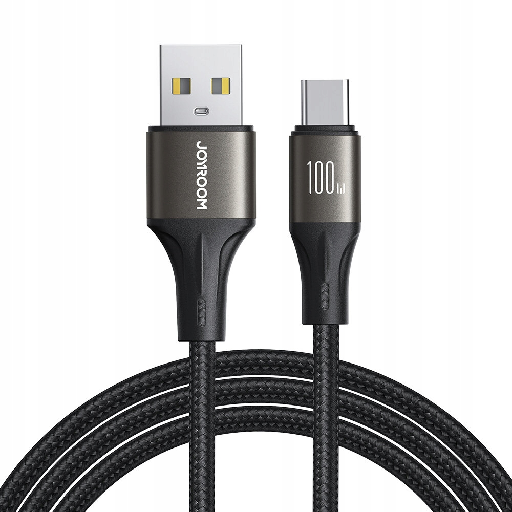 A USB charging cable with a USB-A and USB-C connector. The cable is black and braided. The connectors are grey with the brand name JOYROOM.