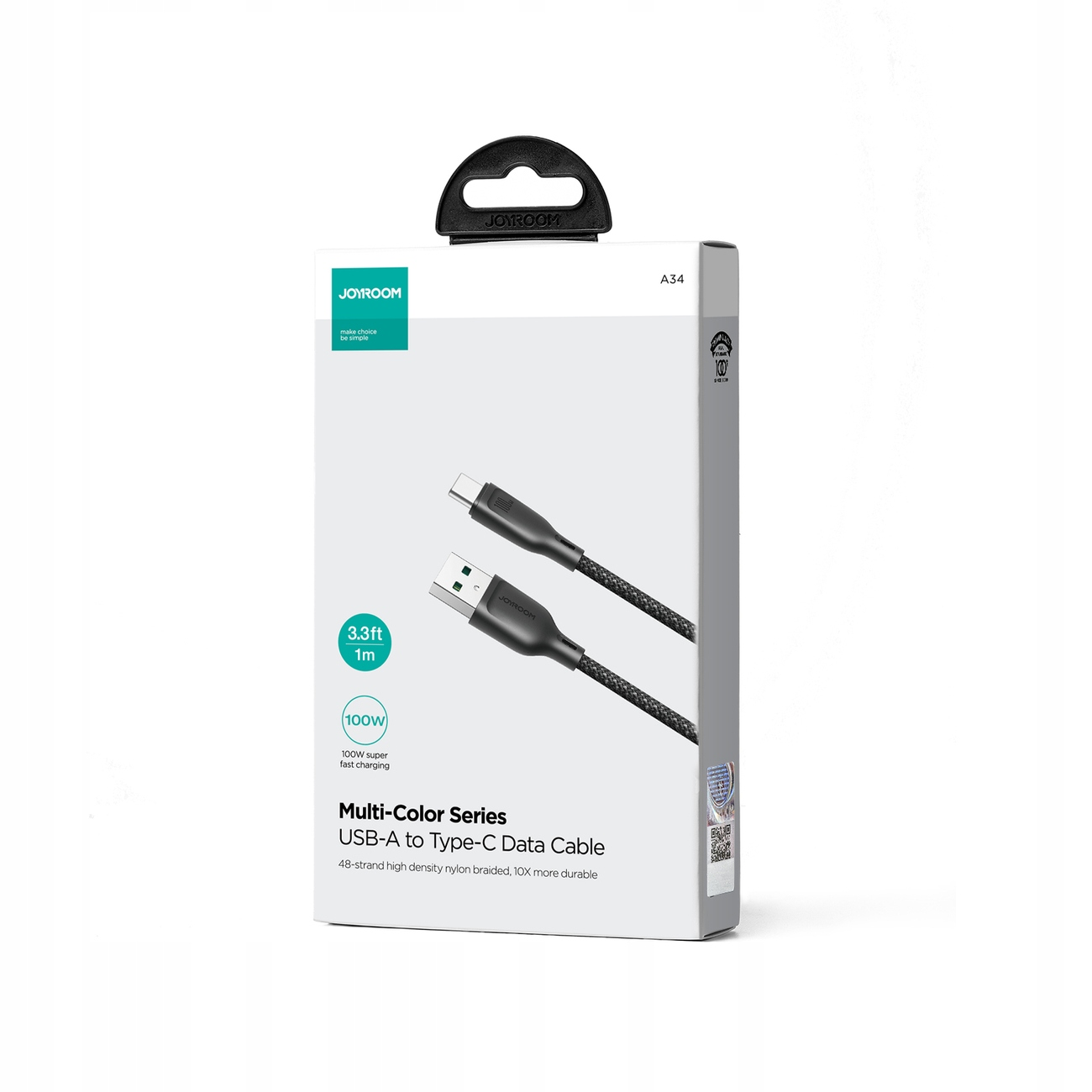 Una confezione di cavo dati USB-A a Type-C Joyroom. Il cavo è nero con un design intrecciato. La confezione è bianca e grigia.