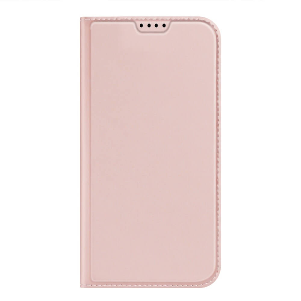 Primo piano di una custodia per telefono rosa, con bordo cucito e fori per gli altoparlanti.