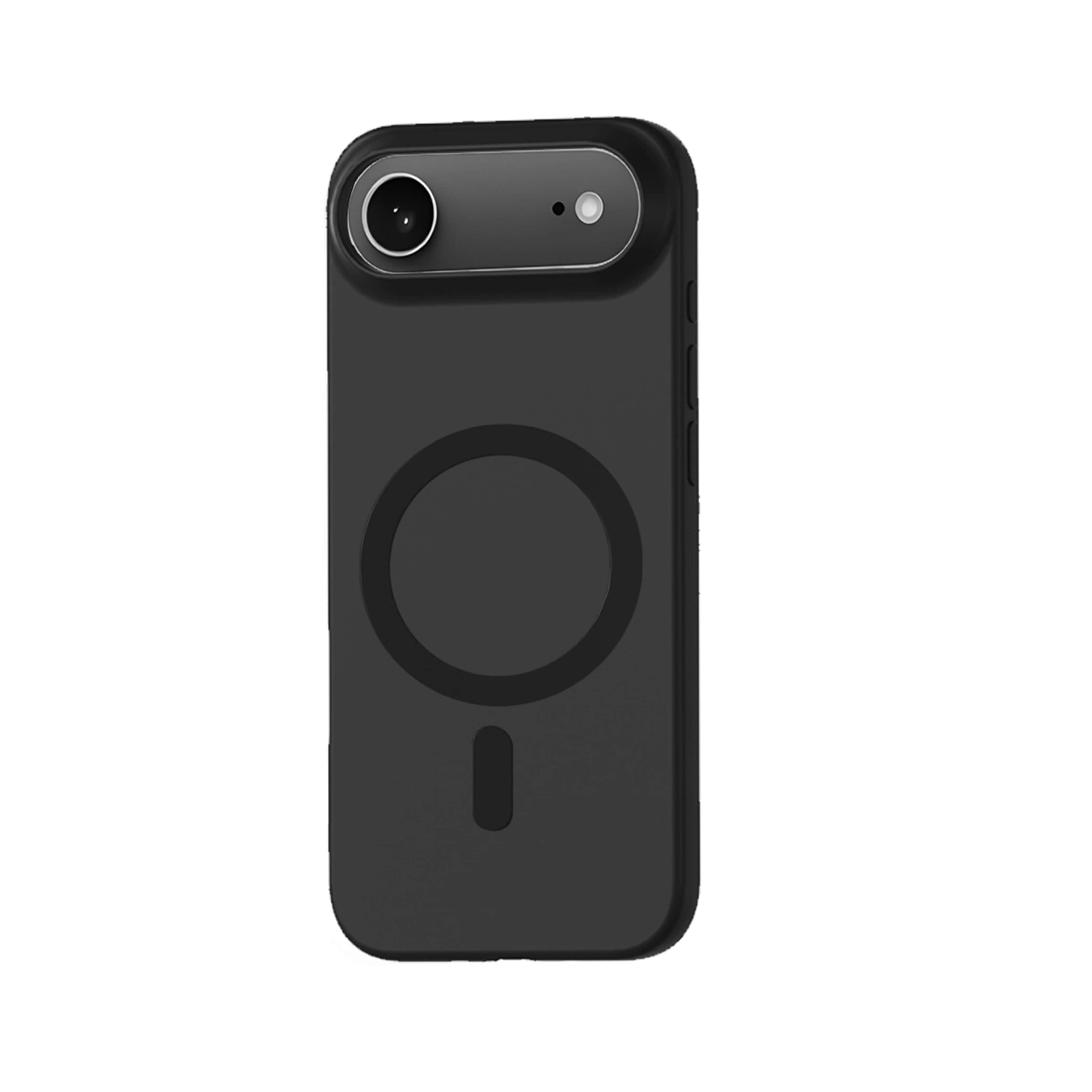 Une coque de téléphone noire avec découpe pour la caméra, zone magnétique circulaire et port de charge.