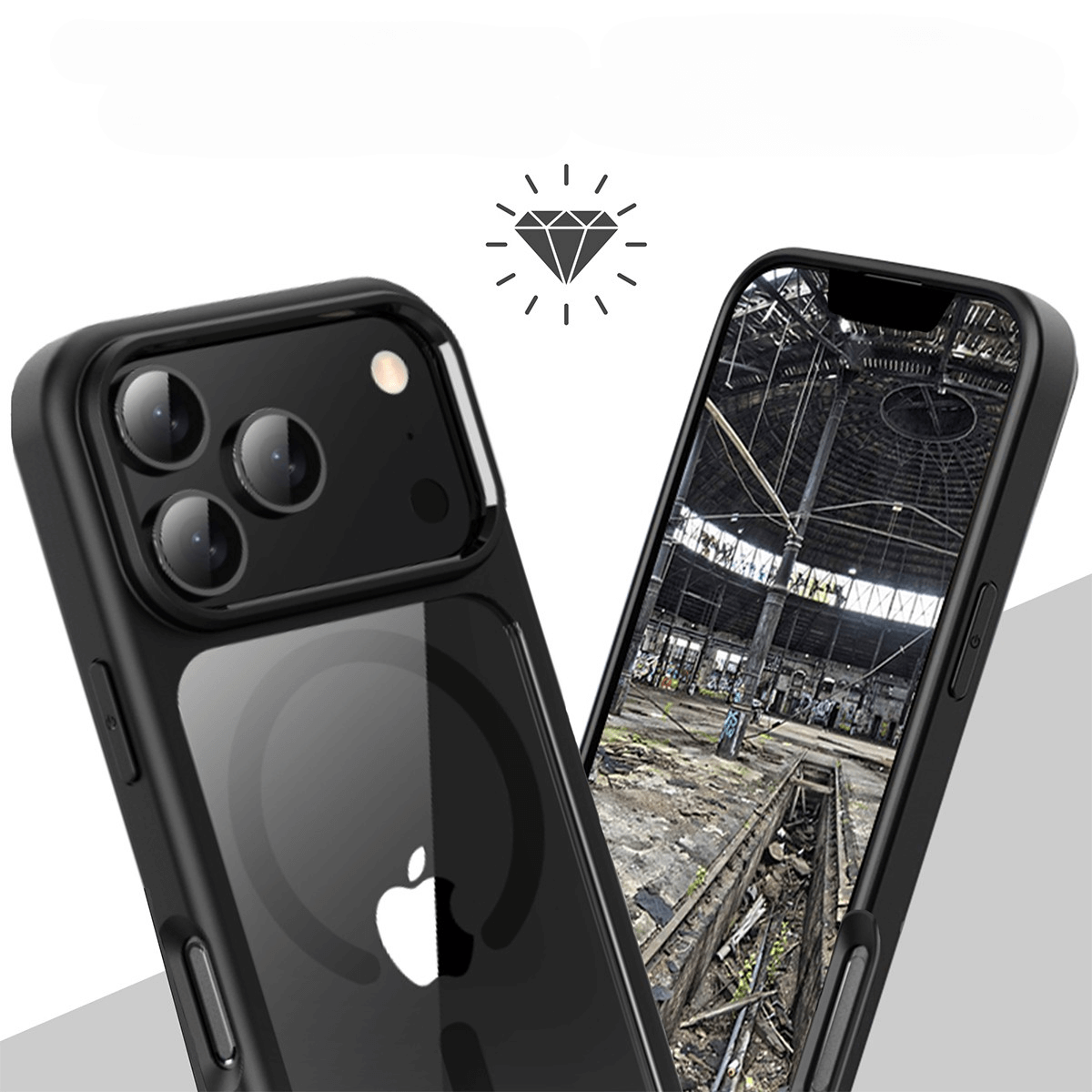 Zwei schwarze iPhones mit Diamant-Symbol. Eines zeigt eine Fabrik, das andere das Apple-Logo.