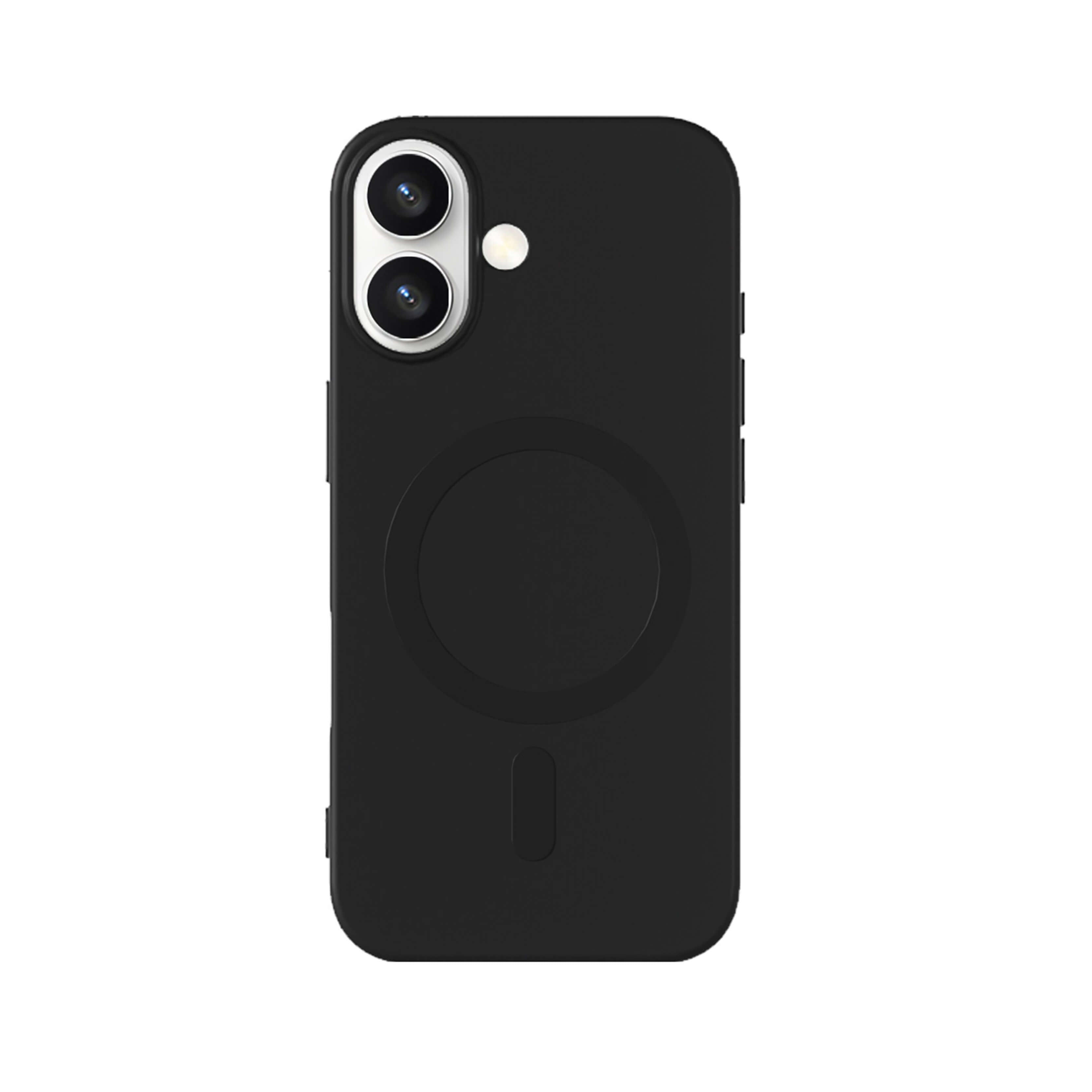 Coque de téléphone noire avec appareil photo et cercle magnétique au dos. C'est sur fond blanc.