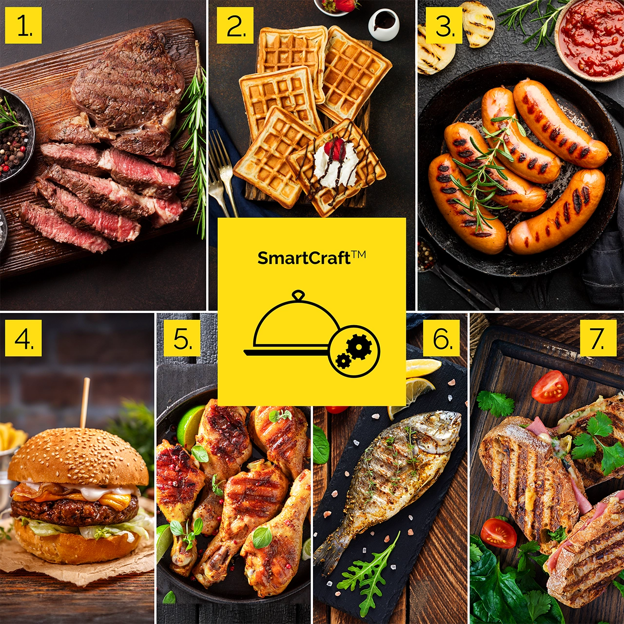 Kolaż przedstawiający różne dania: stek, gofry ze śmietaną, grillowane kiełbaski, burger, grillowany kurczak, grillowana ryba i kanapki.