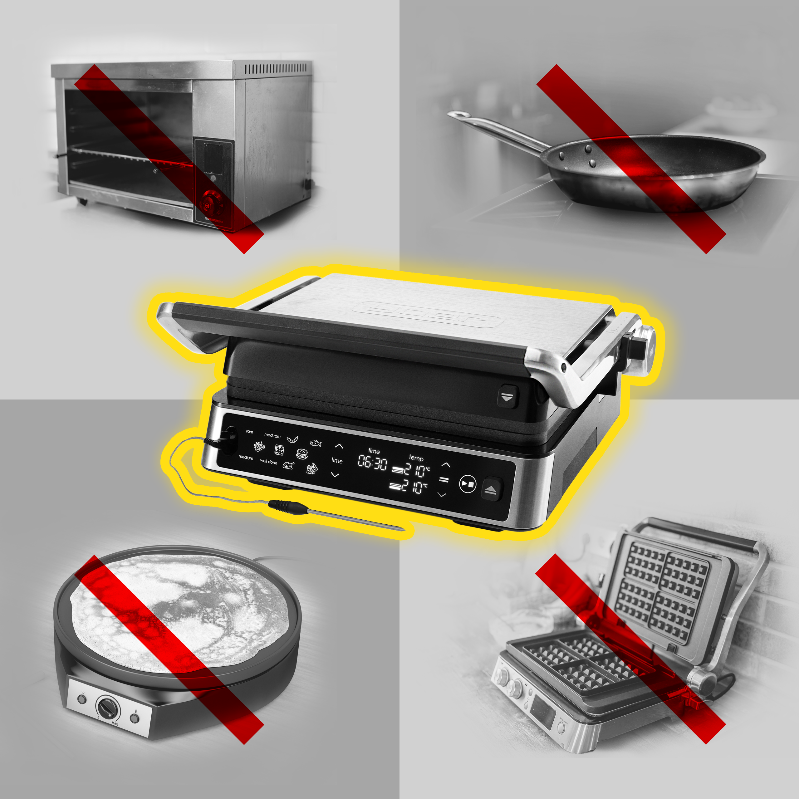 Obraz przedstawia grill z wyświetlaczem cyfrowym, przekreślone obrazy innych urządzeń kuchennych.