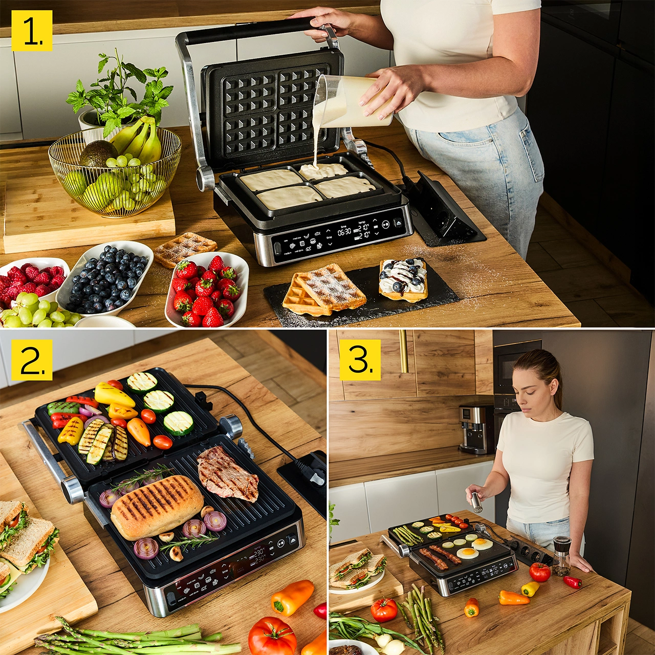 Kobieta wlewa ciasto do gofrownicy. Gofry, owoce i grillowane jedzenie znajdują się na drewnianej powierzchni.