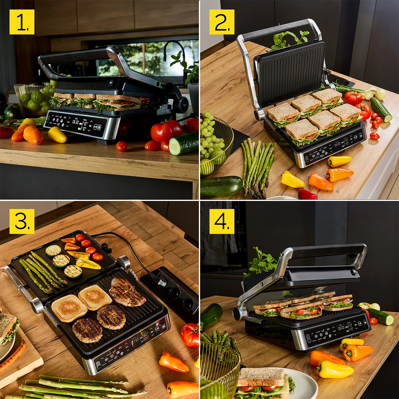 Otwarty grill z kanapkami, warzywami i owocami na drewnianej powierzchni. Obecne są różne papryki i pomidory.