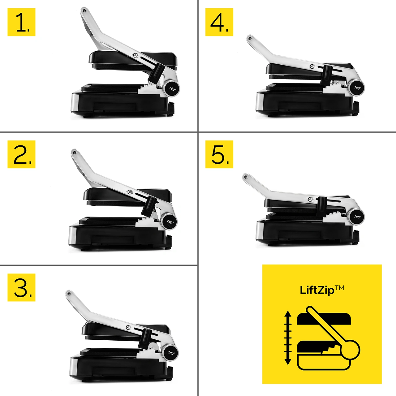 Grill do panini w pięciu pozycjach. Grill jest srebrny i czarny, z dźwignią. Żółte pole pokazuje ruch podnoszenia.
