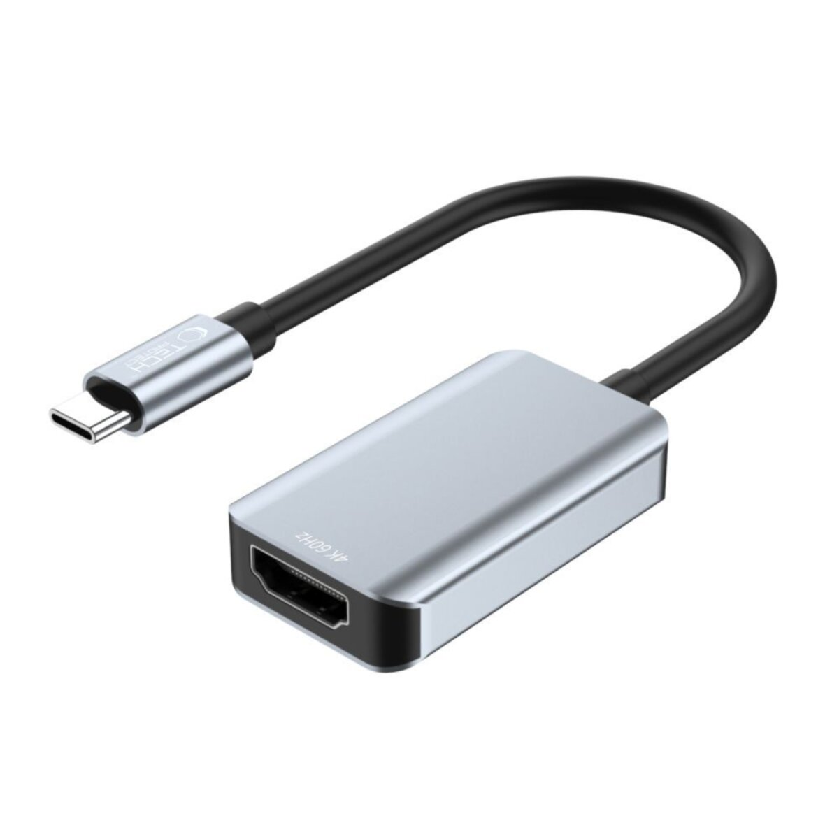 Un adaptateur HDMI argenté et noir. Il possède un connecteur USB-C à une extrémité et un port HDMI à l'autre.